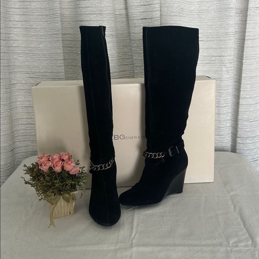 BCBGeneration Black suede Over the Knee Boots with Chain Detail - Picture 2 of 8